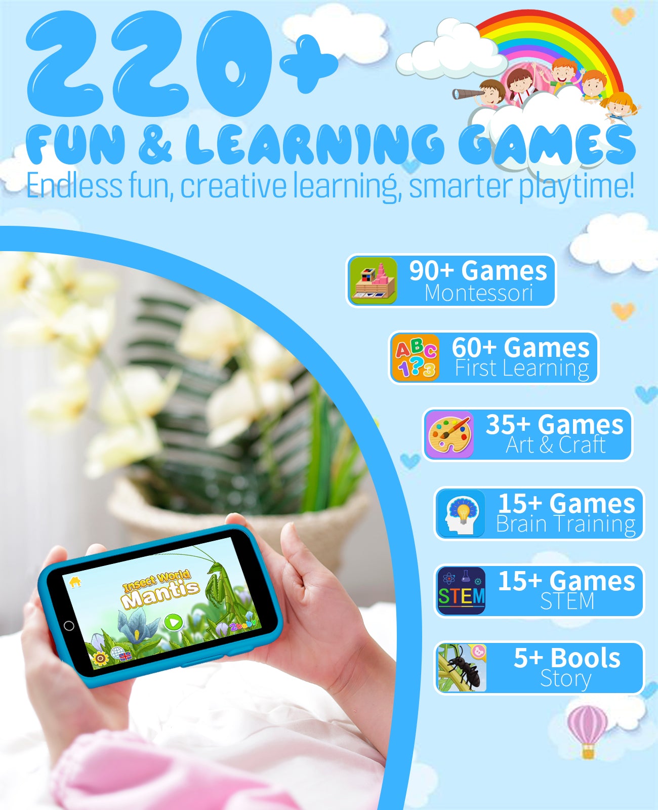 Kids Toys Phone, 3.97" Touchscreen Kids Smart Phone for Boys, 220+ Educational Puzzle Games, Alphabet Lessons & Storybooks, 1500mAh Battery, 8GB Storage