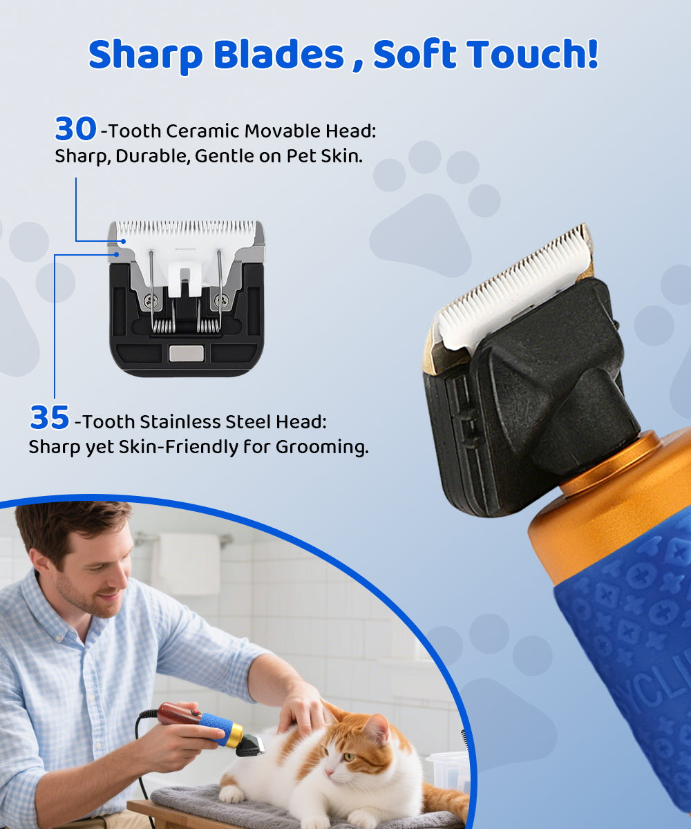 200W Professional Dog Grooming Clippers with Stepless Speed Control, Low Noise <50dB Pet Hair Trimmer Kit, Solid Wood Handle, 2 Blades, Dual-Sided Guide Combs, Heavy-Duty Plug-in Clippers for Cats