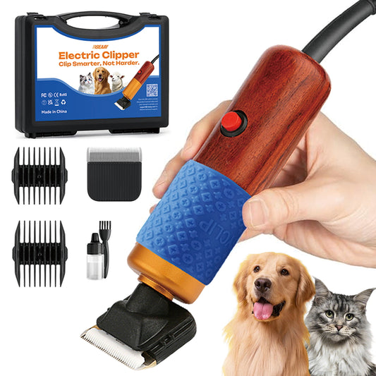 200W Professional Dog Grooming Clippers with Stepless Speed Control, Low Noise <50dB Pet Hair Trimmer Kit, Solid Wood Handle, 2 Blades, Dual-Sided Guide Combs, Heavy-Duty Plug-in Clippers for Cats