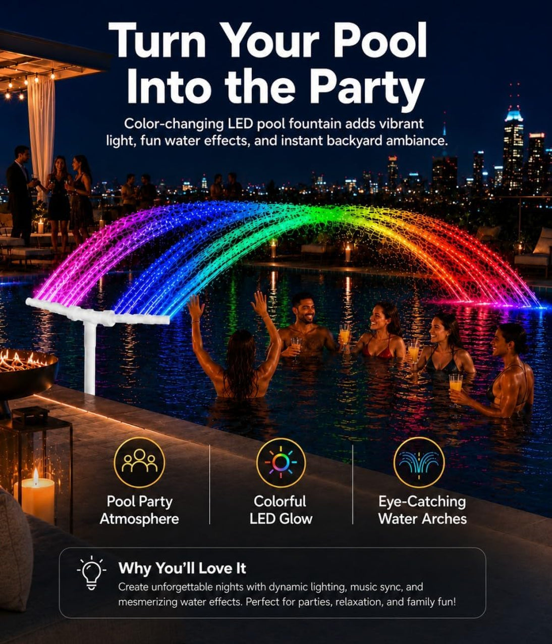 Solar Pool Fountain with Colorful LED Lights