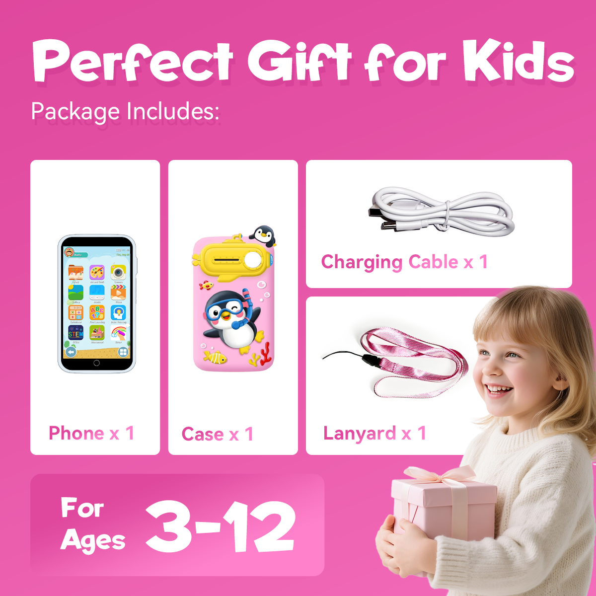 Kids Toys Smart Phone, 3.97" Touchscreen Toddler Phone with 220+ Learning Games, Camera, Parental Control, Educational Phone for Girls Ages 3-9, Birthday Gift