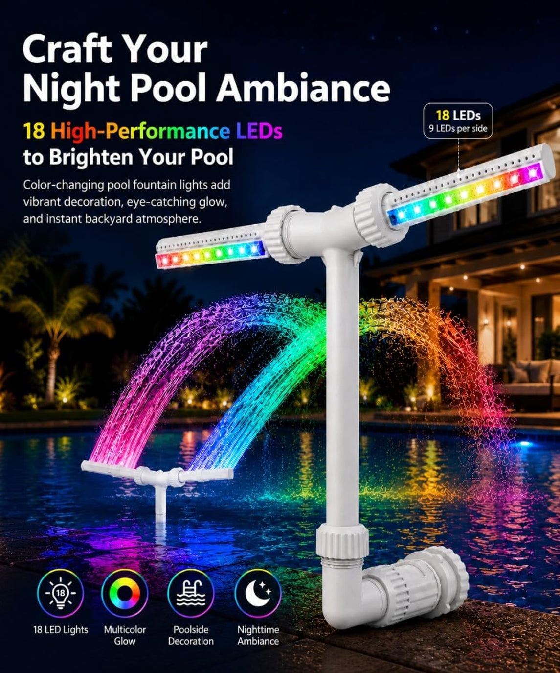Solar Pool Fountain with Colorful LED Lights